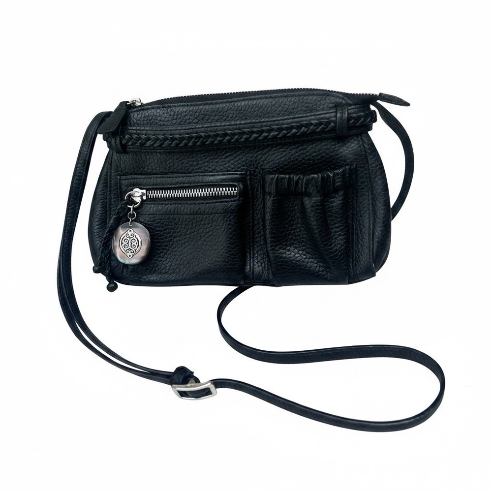 Vintage Brighton Black Leather Organizer Crossbody Bag Braided Abalone Medallion